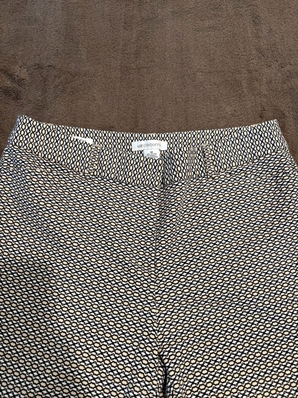 Liz Claiborne Emma Geometric Pattern Ankle Pants Size 10 Black Khaki Cream